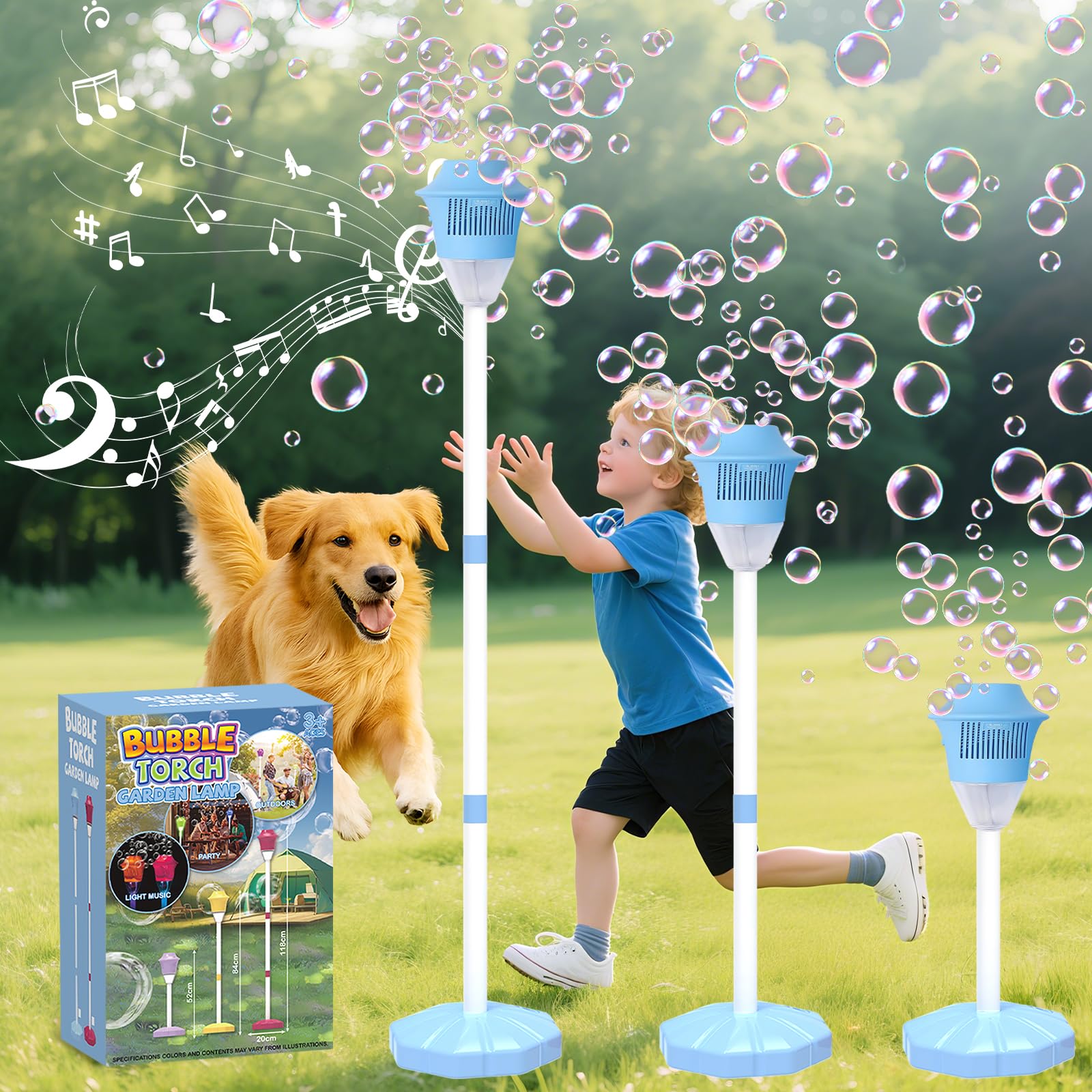 Infowush Bubble Machine for Kids, Automatic Standing Bubble Maker Machine Height Adjustable Up to 47 Inches Outdoor Battery Bubble Machine with Light/Music for Toddlers Birthday Party Gifts(Blue)
