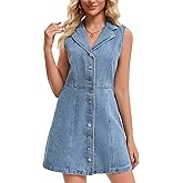 CIMUK Women's Denim Mini Dress Sleeveless Button Down V Neck Summer Jean Dresses