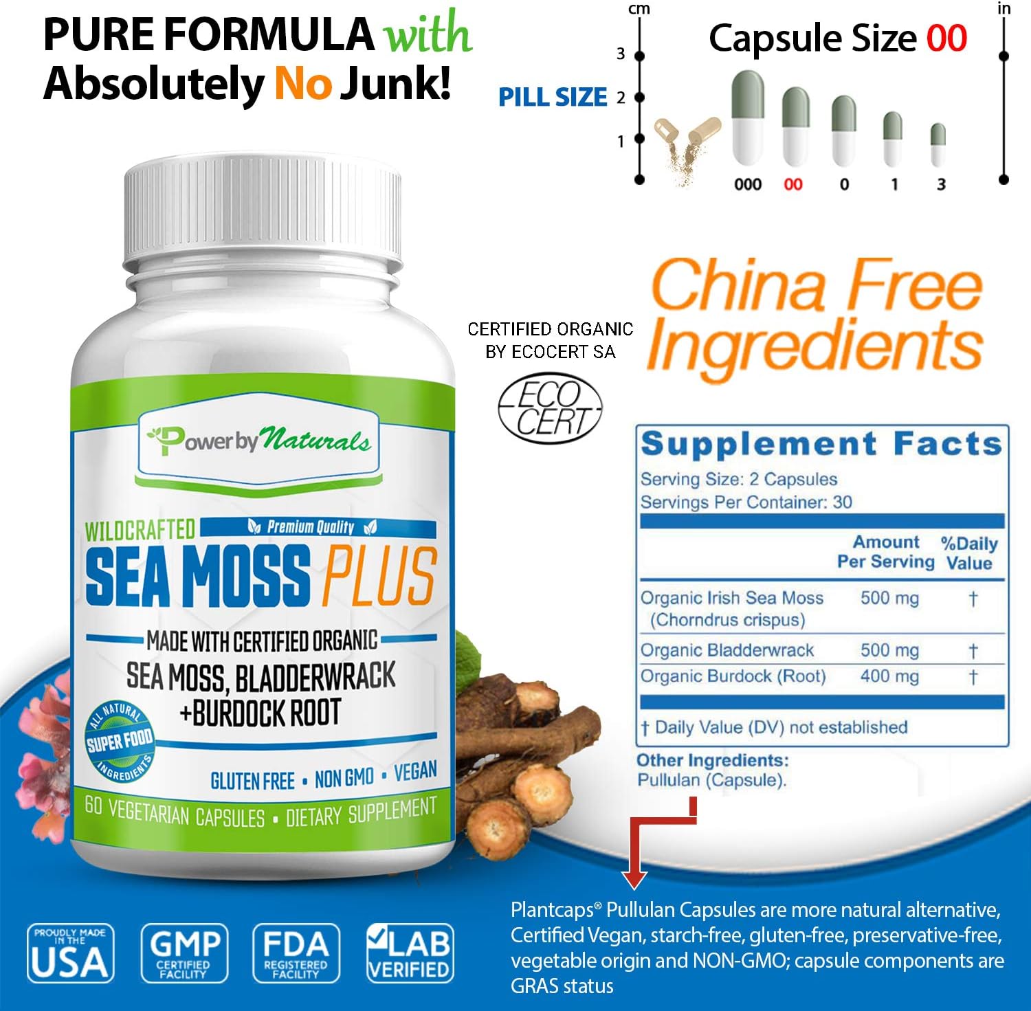 Power by Naturals – Certified Organic Sea Moss Plus – Wildcrafted Irish Sea Moss Bladderwrack Burdock Root – Pure Sea Moss Powder Supplements - No Fillers, Vegan, non-gmo - Seamoss Capsules (60 Pills): Health & Personal Care