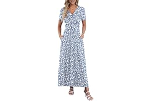 WNEEDU Women Summer Maxi Dress 2026 Short Sleeve Casual Bohemian V Neck Long Lady Dress with Pockets