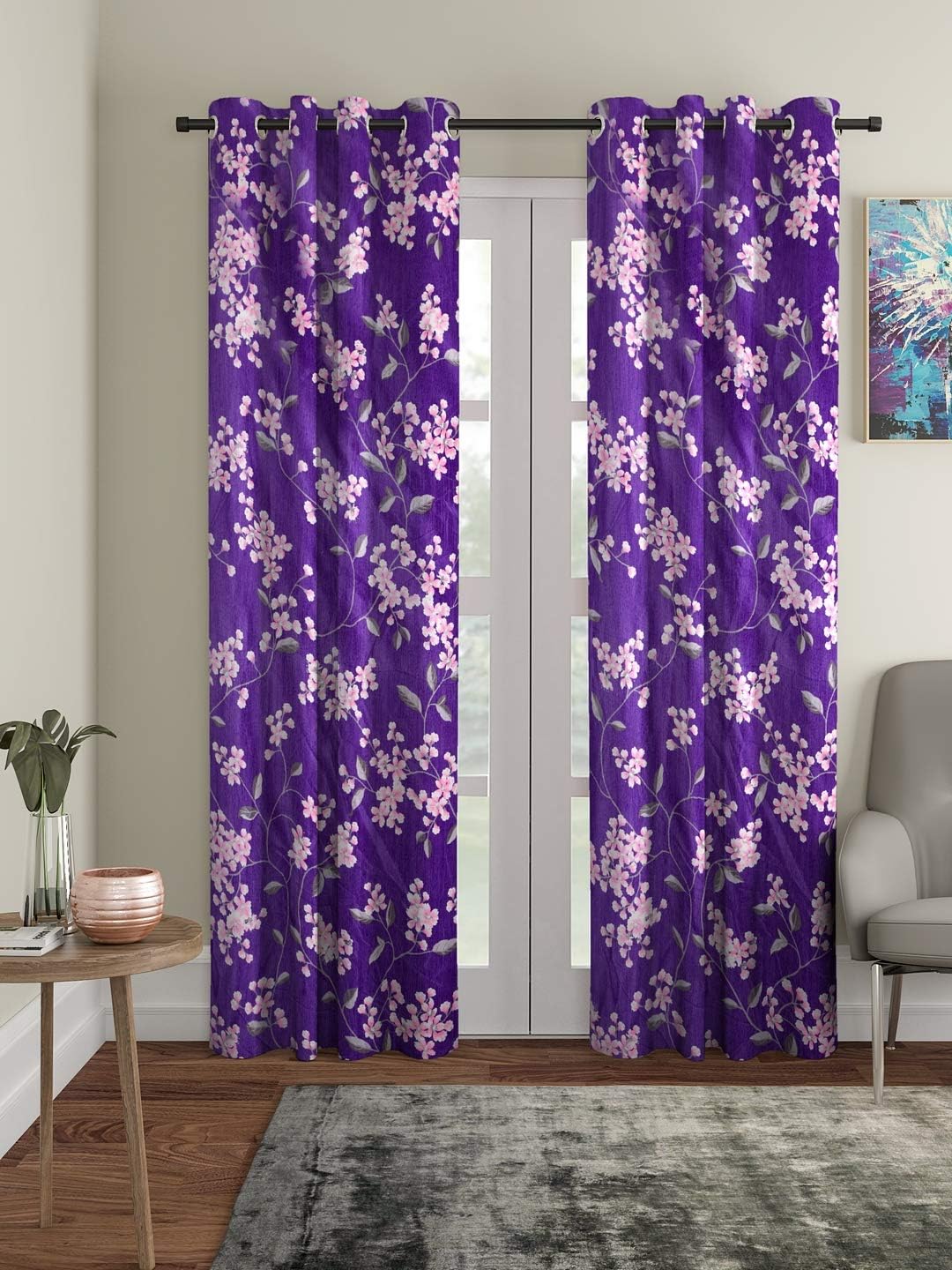 Cortina 2 Piece Eyelet Polyester Long Door Curtain Set, 9 Feet Fancy Printed Curtains for Your Living Room, Bedroom and More – Purple (270 X 115 cm)