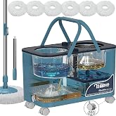 RinseWise Large Gen 1 Mop Bucket Set, Clean/Dirty Water Separation, Blue | 2 Gal Clean-Water Capacity, 4 Swivel Wheels, 61-Inch Handle, 6 Reusable Heads, For Pet Homes,Hardwood,Laminate &amp; Tile Floors