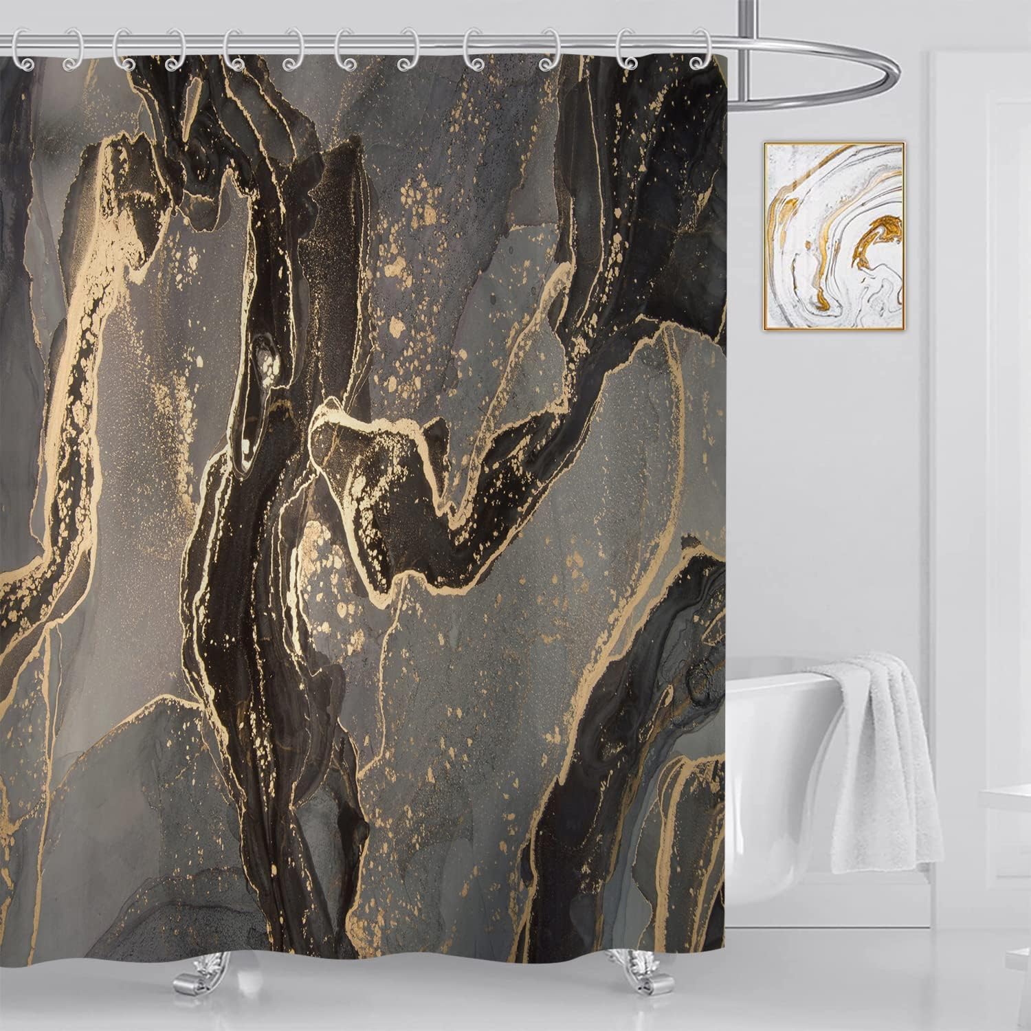ASDCXZ Marble Shower Curtain 180x200 cm, Waterproof Fabric Shower Curtains, Modern Abstract Black Gold Grey Marble Optic Texture Outdoor Washable Polyester Bathroom Curtain with 12 Hooks