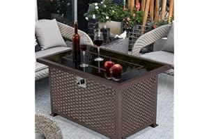 HOMREST 44in Outdoor Propane Gas Fire Pit Table, 50,000 BTU Auto-Ignition Gas Firepit with Glass Wind Guard, Black Tempered Glass Tabletop & Blue Glass Rock, Brown PE Rattan, CSA Certification
