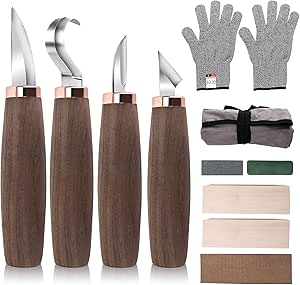 Wood Carving Tools Pack of 11- Includes Black Walnut Handle Wood Carving Knife,Whittling Knife,Hook Knife,Polishing Compound,Sharpening Stone,Cut Resistant Gloves,Wood Carving Kit for Beginners.