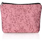LIANGW Pink Nurse Floral Makeup Bag, Nurse Gifts for Women Cosmetic Bag, Gifts for Nurses Female Women, Nursing Flower Small Toiletry Bags Zipper Makeup Pouch