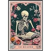 Tarot card wall art Skeleton Reading a Book Floral Botanical Pink Art Poster or Canvas Print The Reader Tarot Card Whimsigoth Wall Decor Botanical Art Print Office Home Bedroom 16x24inch Unframed