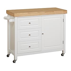 Target Marketing Systems Monterey Wood Top Kitchen Buffet Cabinet With Three Drawers and Cabinet with Shelf With Towel Bar on Caster Wheels, White