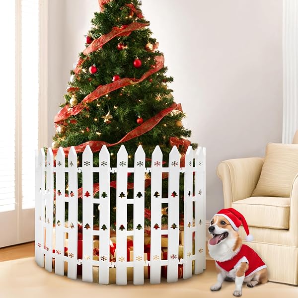 24″ EXTRA TALL FENCE FOR CHRISTMAS TREE,12PCS WHITE PICKET FENCE GATE BARRIER WITH SNOWFLAKES&TREE PATTERNS CHRISTMAS TREE GATE FOR PETS(24″ H X 5″ W EACH)