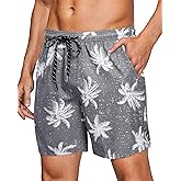Gleeease Mens Swim Trunks Board Shorts Men's 7 inch with Mesh Liner Pockets Drawstring Quick Dry Stretch Lined Funny Beach Swimming Grey Palm Large