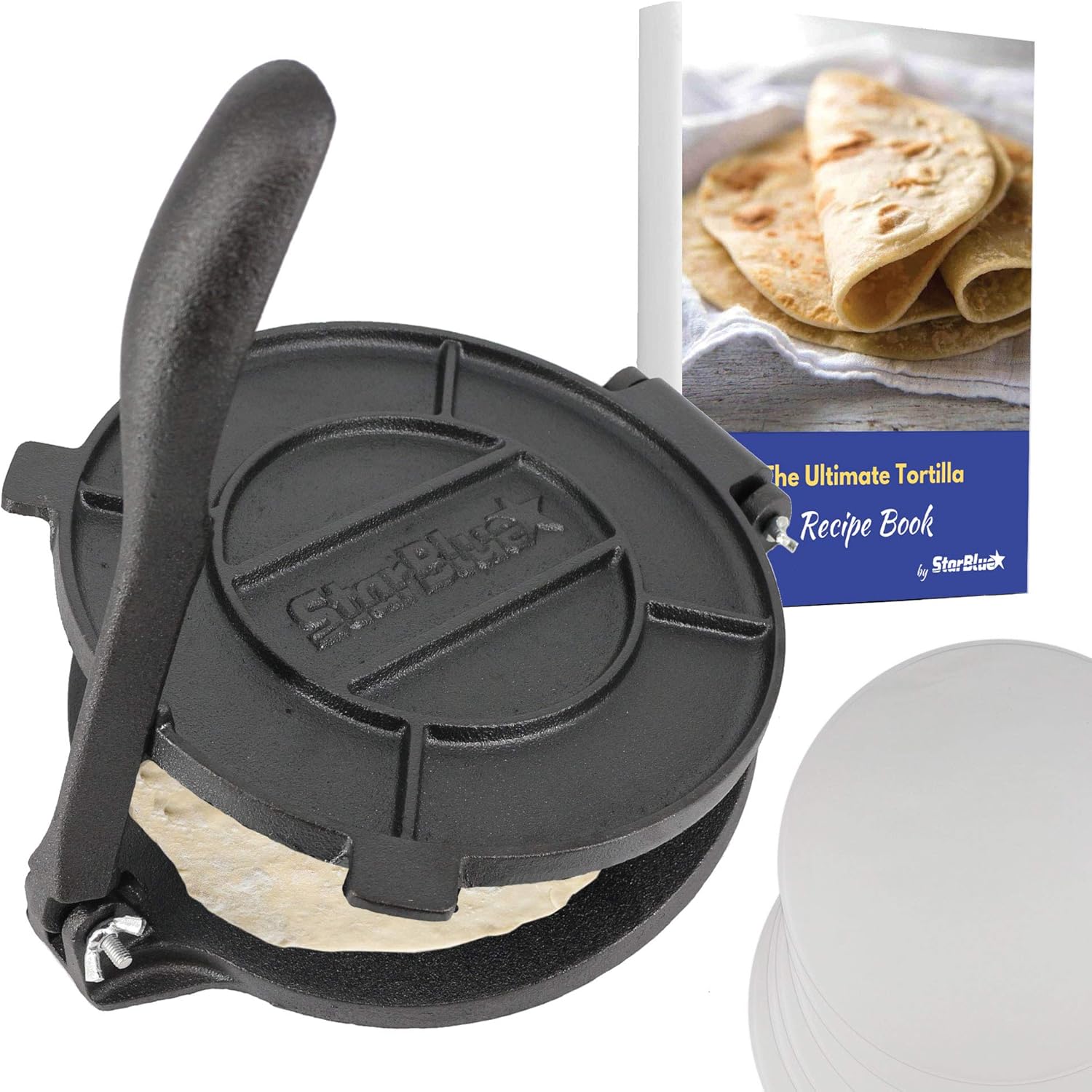 8 Inch Cast Iron Tortilla Press by StarBlue with FREE 100 Pieces Oil