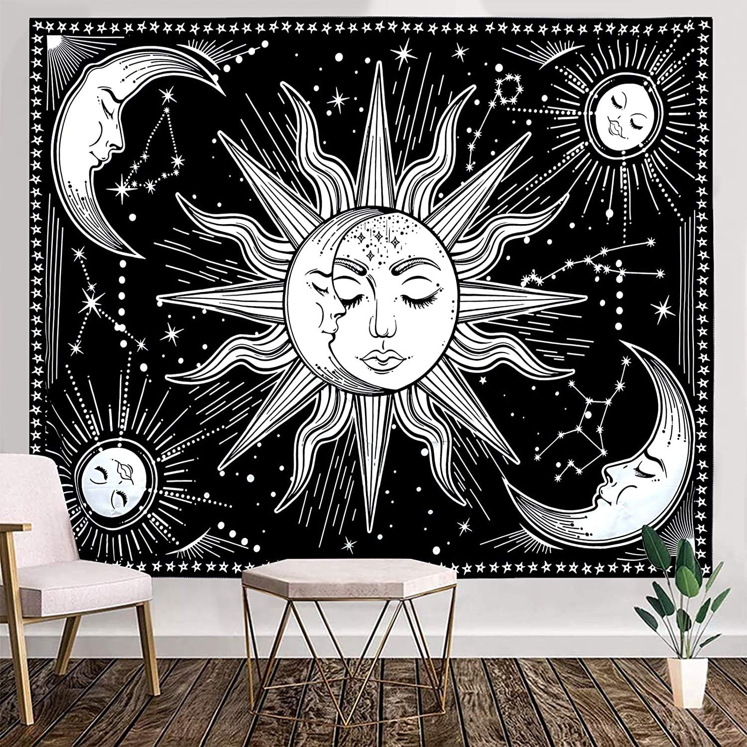 WOVTE Sun and Moon Tapestry Black and White Tapestry Constellation Astrology Psychedelic Mystic Wall Hanging Nature Home Decorations For Bedroom Dorm Room (150x130cm)