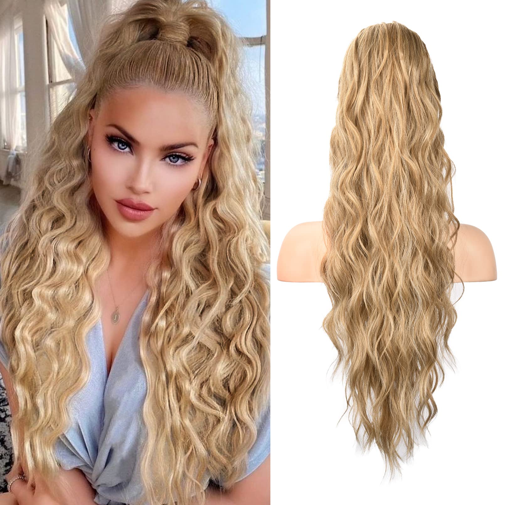 Photo 1 of HOOJIH Ponytail Extension, Drawstring Ponytail Hair Extensions 26 Inch Long Curly Wavy Ponytail Natural Wavy Synthetic Hairpiece for Women Daily Use - Golden Blonde