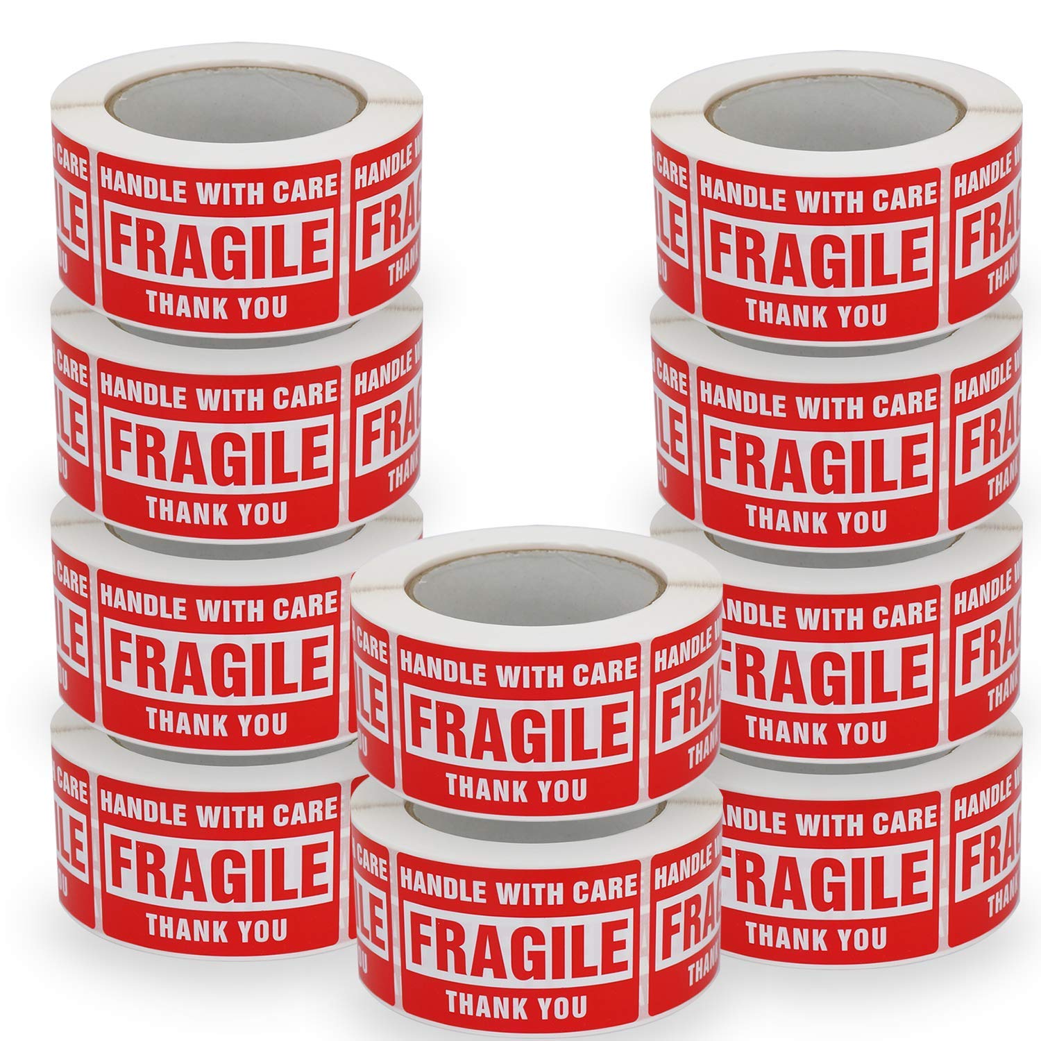 BETCKEY - Red Warning Shipping Labels/Stickers, Handle with Care Fragile Thank You, 50mm x 75mm, 10 Rolls/5000 Labels