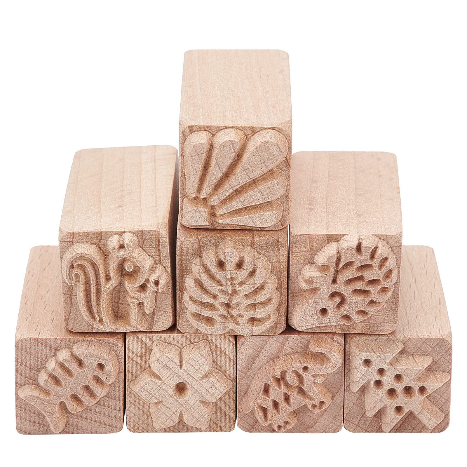 OLYCRAFT 8PCS Wood Pottery Tools Square Wooden Stamps Natural Wood Stamps with Mixed Patterns for Clay Christmas Birthday Gift, 50 x 20mm(2”x0.7”)