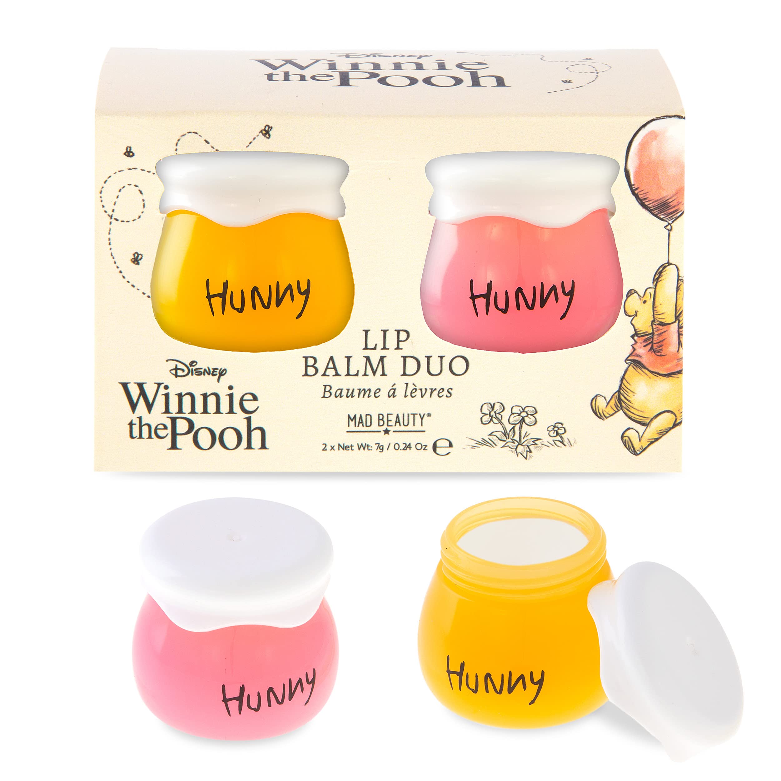 Winnie the Pooh Honey Pot Lip Balm Set x2 Disney | Mad Beauty | Vanilla & Honey Scents | Cruelty-Free | Moisturizing & Soothing,Skincare Duo Gifts for Women, Adults and Kids