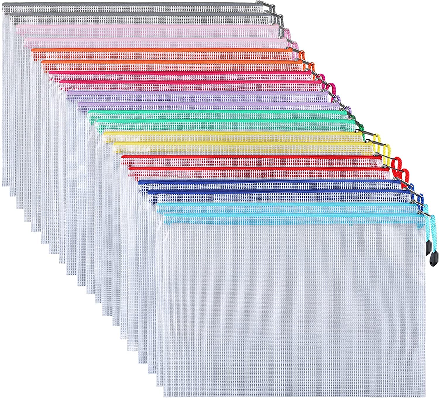 Ipow 30 PCS A4 Zip Wallets File Zip Bags, Reinforced Zipper with Threads Mesh Zipper Pouch for School Office Supplies,Document, Storage, Cosmetics, Travel Accessories