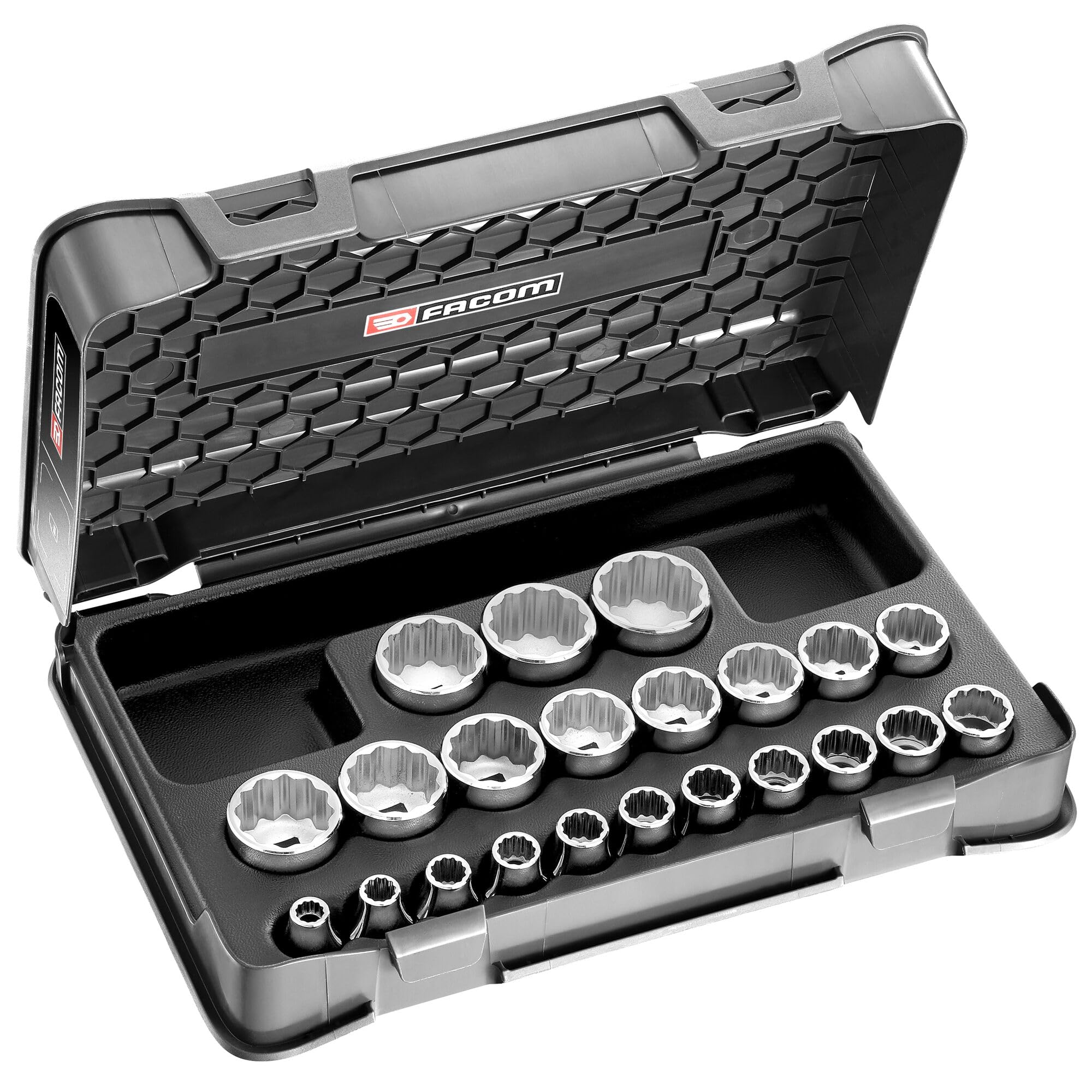 FACOM - 1/2 Inch Socket Set - S400B - 22-Piece 12-Point Metric 8-32 mm Kit - Robust and Strong - Wrench Bits - Storage and Transport Case - Silver Hand Tools