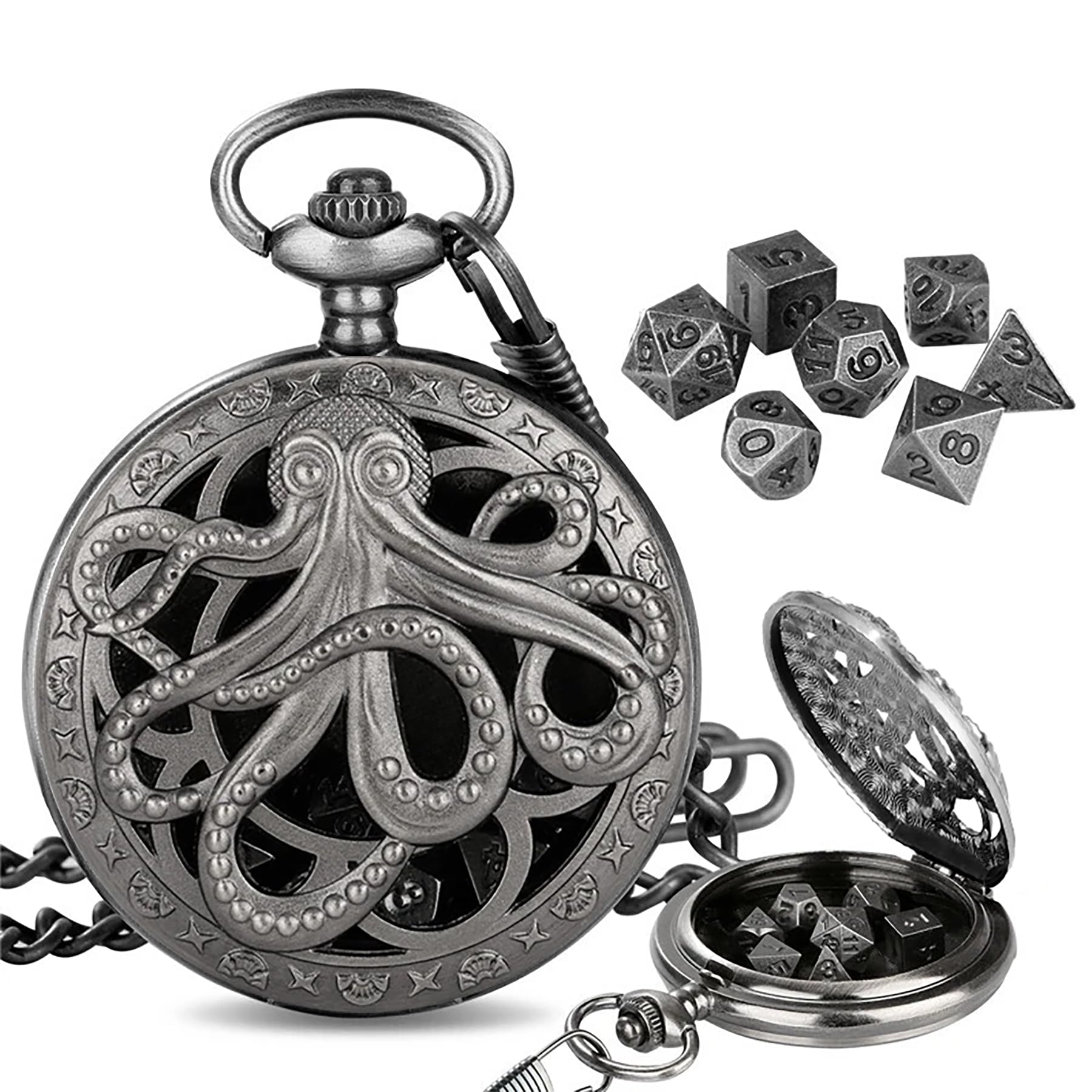 Mini DND Dice Set with Steampunk Dark Silver Octopus Pocket Watch Shell Case, 7pcs Polyhedral Metal Dice Set with Chain, DND Beginner Set, Role Playing Board Games Accessories D&D Xmas Gifts