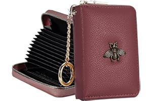 SEAVILIA Credit Card Wallet, Zipper Card Cases Holder Wallet for Women, Leather Keychain Accordion Wallet, RFID Blocking, Removable Keychain, ID Window(Deep Red)