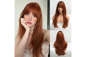 HAIRCUBE Long Auburn Wig with Bangs Layered Curly Orange Wigs for Women Natural Synthetic Wigs for Daily Use (pelucas de cabello natural)