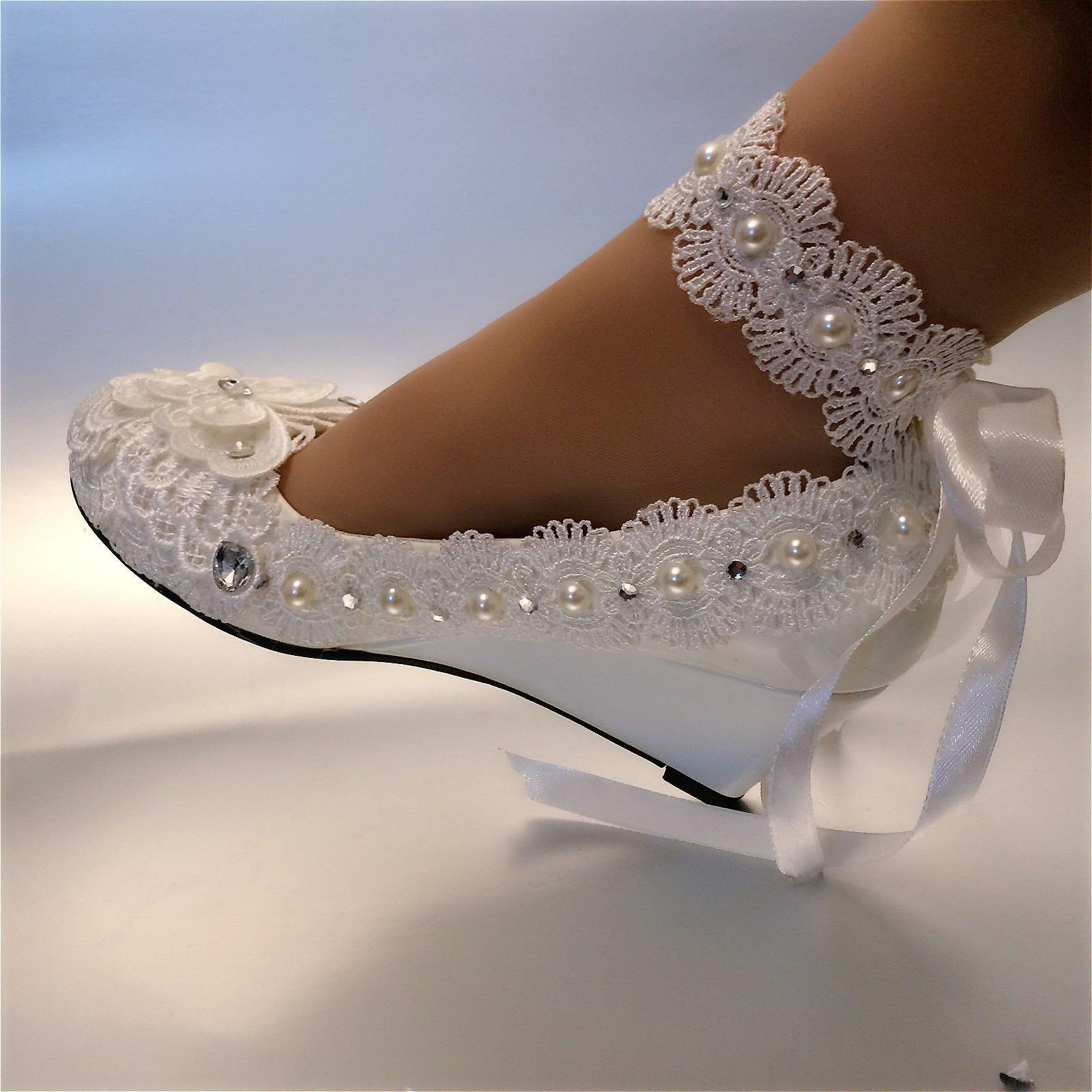 Ivory Pearls Lace Ribbon Anklet Wedding Shoes Bridal 5 cm wedge size 5-11