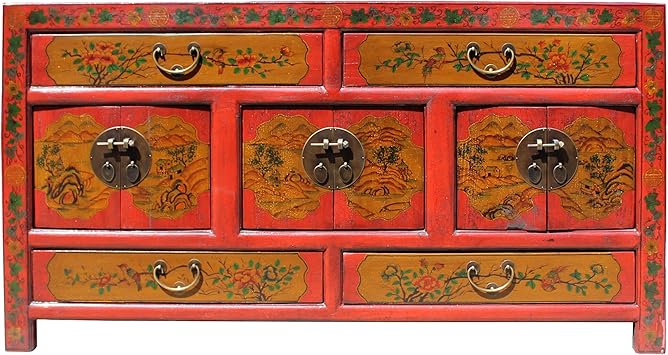 Amazon Com Chinese Distressed Brick Red Graphic Low Tv Console