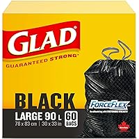 Glad Black Garbage Bags - Large 90 Litres - ForceFlex, Drawstring, 60 Trash Bags, Made in Canada of Global Components