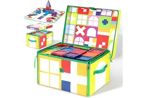 Mruikeny Magnetic Tiles Storage Bin & Interactive Playmat - Foldable Organizer for Magnetic Tile, Portable Storage with Handles, 12.6x11.4x7.7in Play Space for Home, Travel, Classroom Adventures