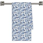 Chicimln Chinoiserie Border Collie Kitchen Towels, Border Collie Gifts Decorative Hand Towels for Bathroom, Blue and White Dog Dish Tea Towel Drying Cloth for Kitchen Decor, 16x24 Inch