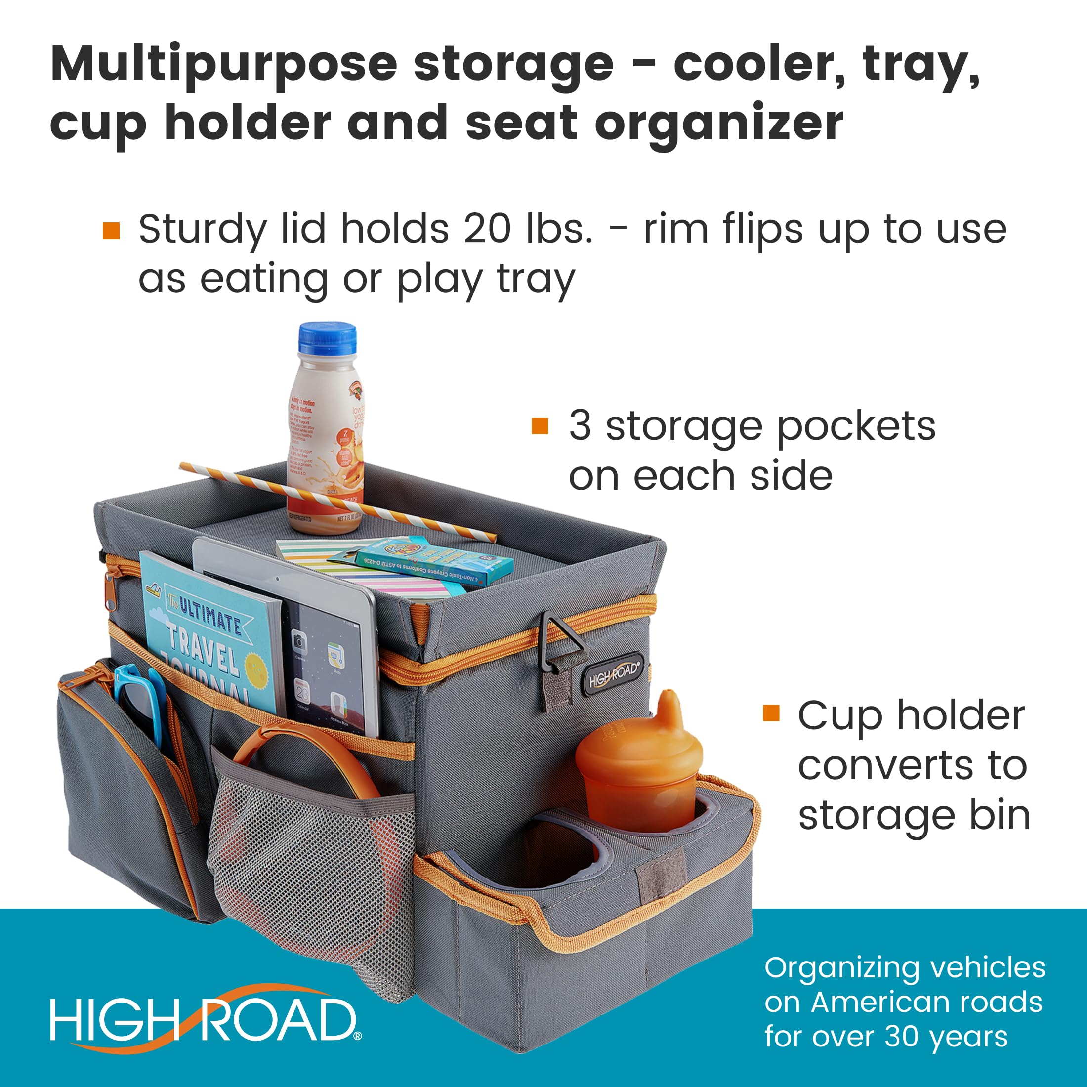 High Road CarHop Car Seat Organizer for Kids and Adults with Cup Holder Tray, Side Pockets and Cooler Compartment (Medium, Gray)