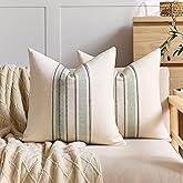 Striped Linen Textured Throw Pillow Covers 20x20 Inch Set of 2,Boho Decorative Cushion Covers, Neutral Olive Green Accent Pillowcases for Couch, Sofa, Bed Farmhouse & Modern Living Room Decor