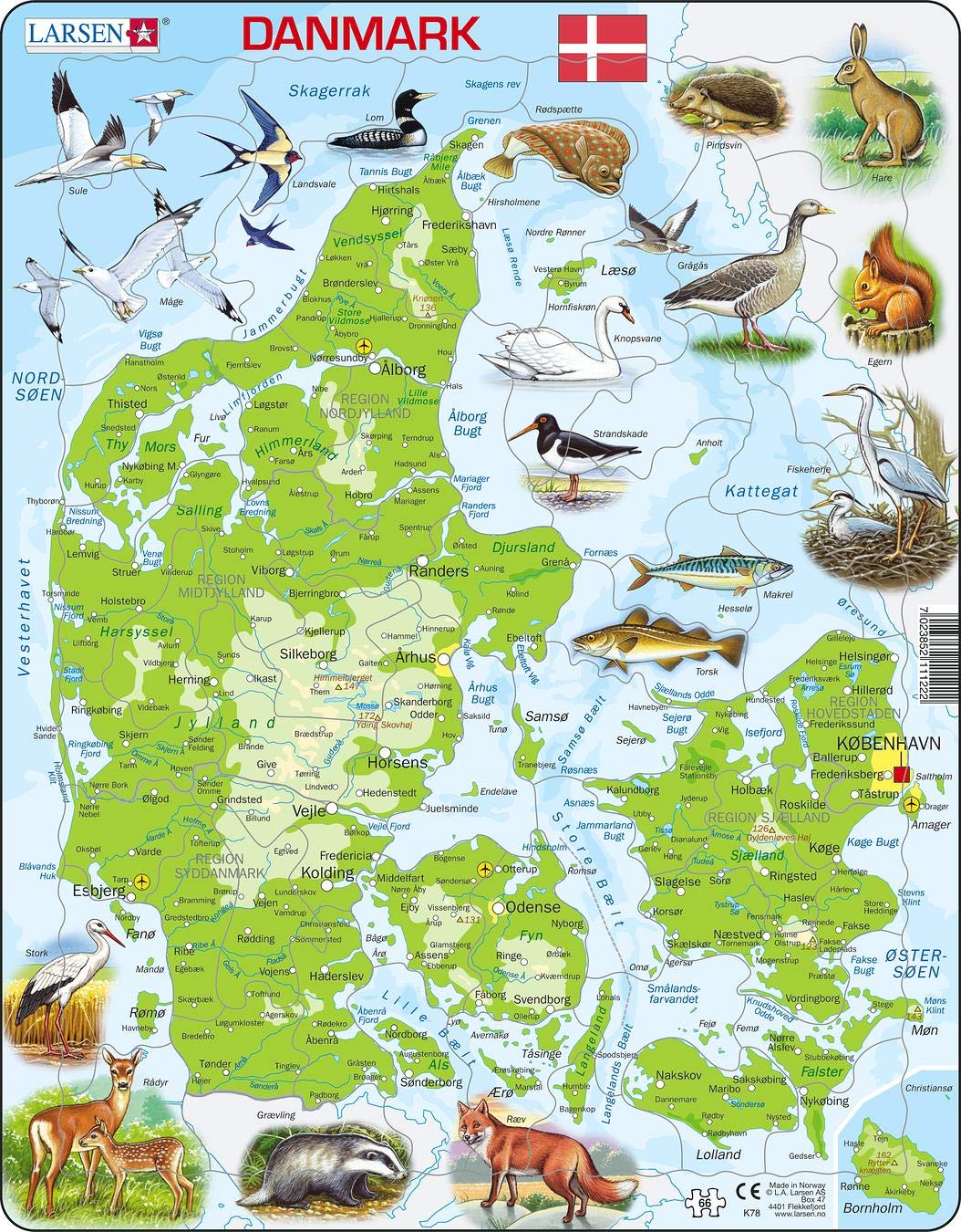 Larsen K78 Denmark Physical Map Puzzle – 66-Piece Educational Jigsaw for Kids, Danish Edition with Tray Frame - Boxless Puzzle
