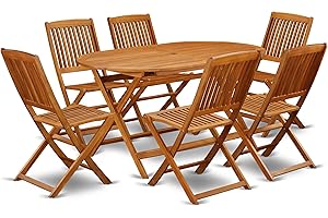 East West Furniture DICM7CWNA Diboll 7 Piece Patio Dining Set Consist of an Oval Outdoor Acacia Wood Table and 6 Folding Side Chairs, 36x60 Inch, Natural Oil