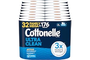 Cottonelle Ultra Clean Toilet Paper with Active CleaningRipples Texture, Strong Bath Tissue, 32 Family Mega Rolls = 176 Regular Rolls (8 Packs of 4)