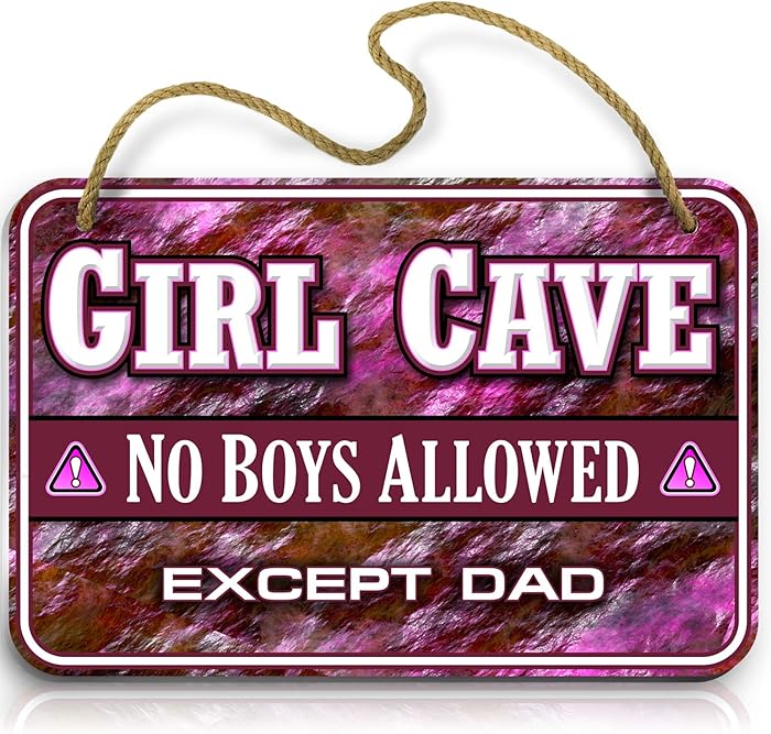 Girl Cave Sign - Girls Room Decor - Cute & Funny No Boys Allowed Except Dad for Door, Wall or Bedroom - Decor for Little Girls or Teenagers - Rope for Easy Hanging