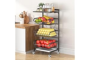 Goderewild 4-Tier Kitchen Snack Cart with Wheels – Versatile Rolling Storage Cart for Pantry, Utility Rooms – Adjustable Metal Wire Fruit & Vegetable Basket Rack (Black with wooden top, 4-Tier)