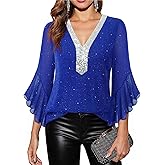 Timeson Women's Ruffle 3/4 Sleeve Sparkly Tops Sequin V Neck Blouses Dressy Fall Shirts