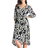 DKNY Womens Balloon Sleeve Faux Wrap Midi Dress