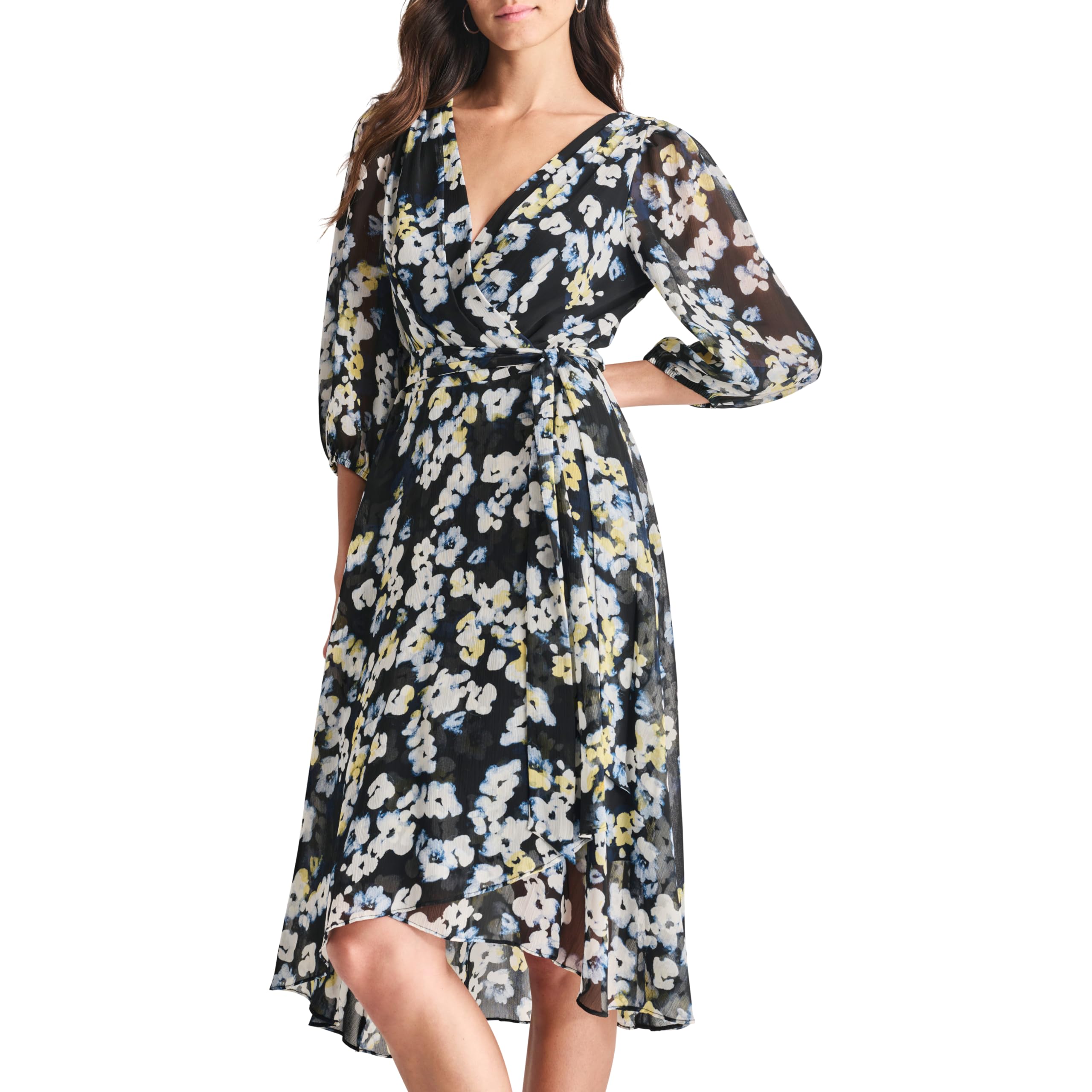 DKNY Women’s Balloon Sleeve Tie Fit & Flare Midi Dress, Navy/Lemon