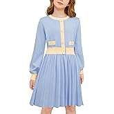 Cubear Girls Sweater Dress with Pockets, Crewneck Lantern Sleeve A-Line Striped Knit Warm Fall Winter Dress 5-14Y