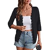 Rapbin Cardigans for Women Lightweight 3/4 Sleeve Crochet Textured Shrug for Dresses Open Front V Neck Button Down Top