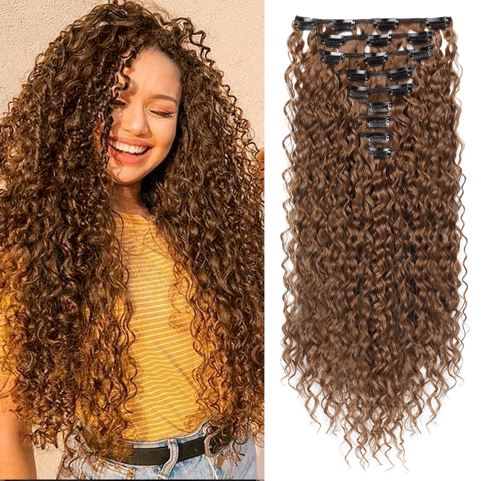Photo 1 of LONAI Black Hair Extension,9PCS 22" Curly Clip in Hair Extensions LN002 Long Soft Thick Synthetic Hairpieces for Women-Auburn Chestnut brown