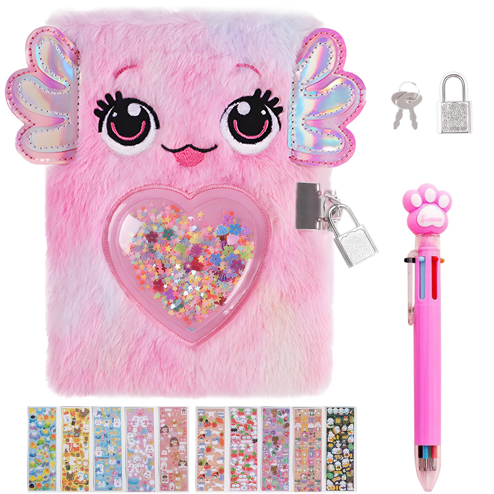 Mini Axolotl Diary for Girls with lock and keys, 8x8.5 in Kids Journal School Travel Notebook Gift 80 Sheets/160 Pages with Multicolored Pen, Stickers for Writing & Drawing Birthday Gift for Girls