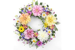 VioletEverGarden 22 Inch Spring Wreaths for Front Door Colorful Spring Wreath Artificial Floral Wreath with Dahlia Daisy and 
