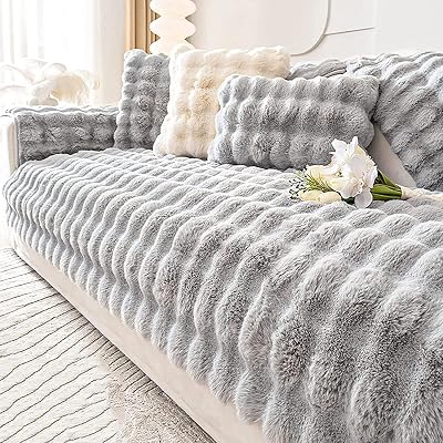 LINGKY Thick Rabbit Plush Sofa Cover 1-3 Seater Non-Slip Light Grey 90x90cm