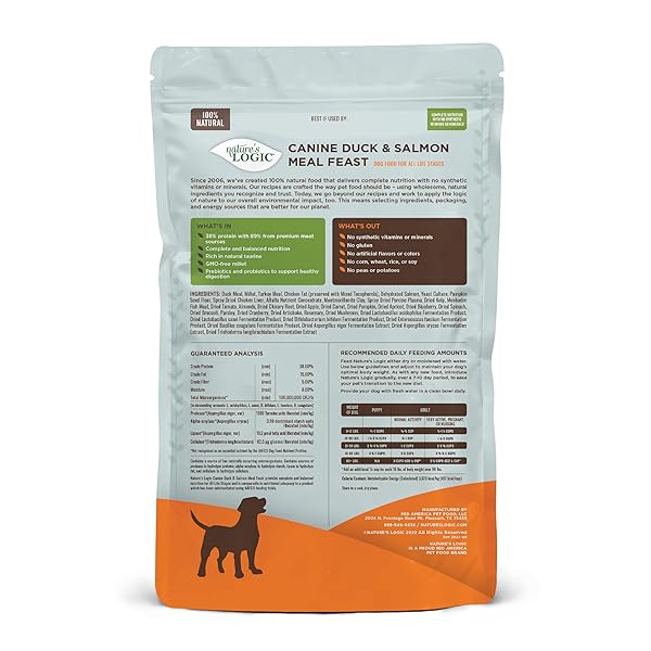 NATURE’S LOGIC DRY DOG FOOD – 100% NATURAL – NO SYNTHETICS – FOR ALL AGES, SIZES, BREEDS – FREE FROM COMMON ALLERGENS, HIGH PROTEIN – DUCK & SALMON MEAL FEAST, 4.4LBS