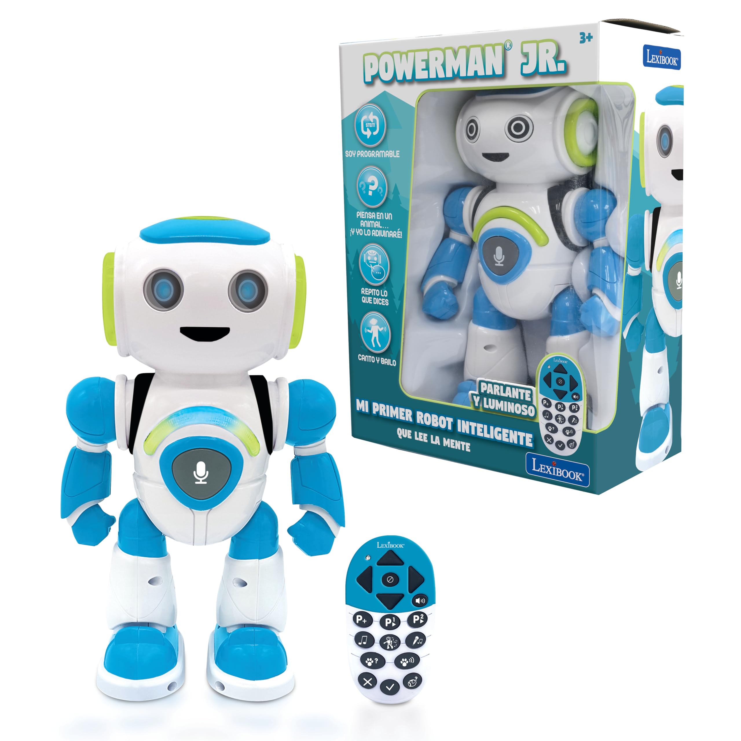 Lexibook Smart Robot Powerman Junior Educational and Interactive Read Mind Dance Play Music Repeat Phrases Remote Control Toy Ages 3+ Blue/White (ROB20ES) - Spanish Version/Language