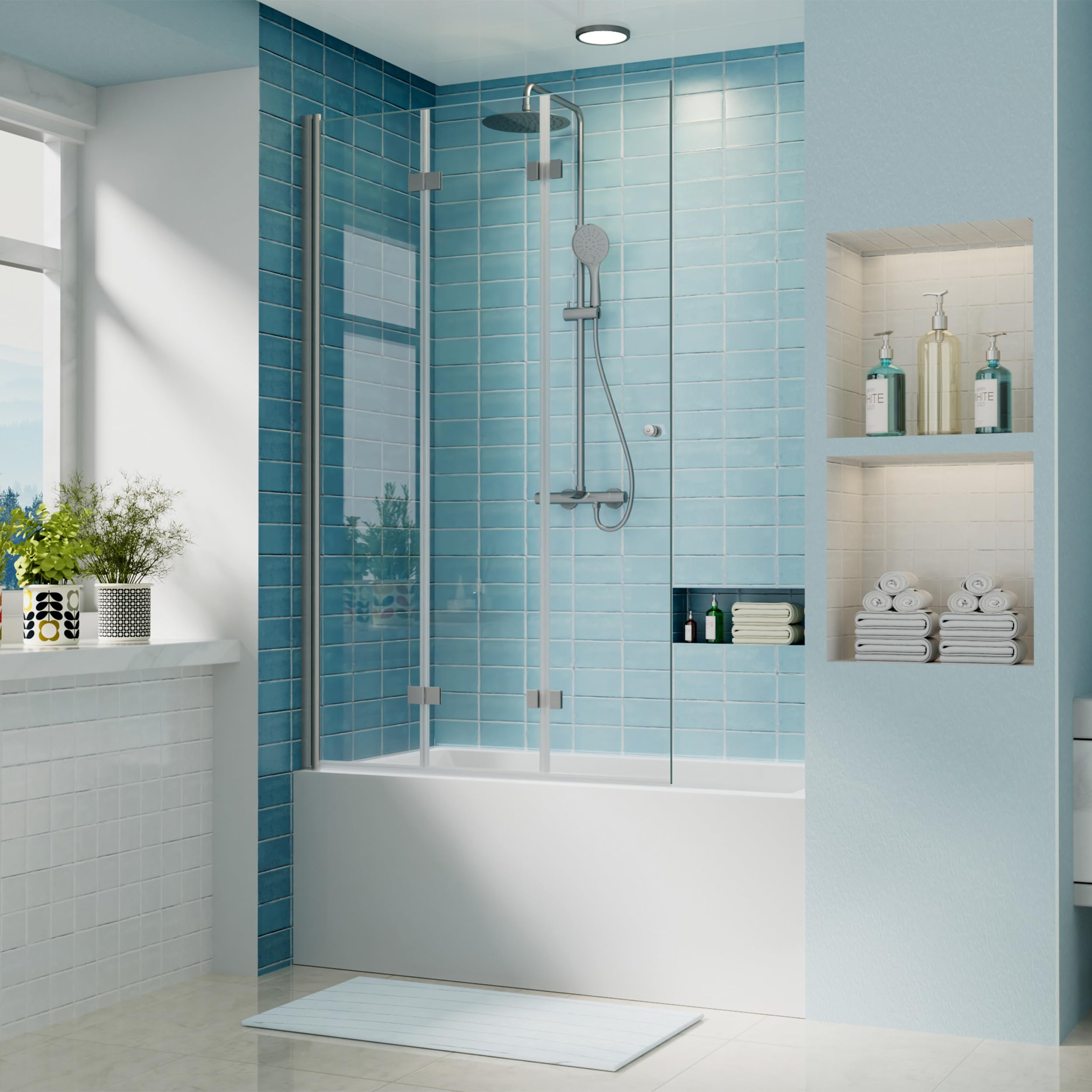 Photo 1 of iBath Shower Door for Bathtub, 51" W x 59" H, 1/4" Tempered Glass with Easy Clean Coating and Shatterproof Film, Reversible Frameless 3-Panel Folding Bathtub Door, Matte Black Brushed Nickel