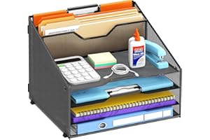 3-Tier Desk Organizer with File Holder, Desktop Letter Tray Holder with 3 Paper Trays and 2 Vertical Section for Folder(black